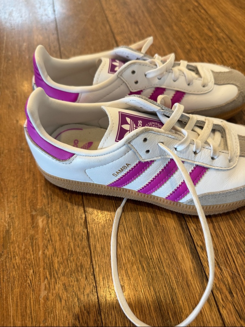 adidas White Sneakers with Pink Stripes and Gray Suede